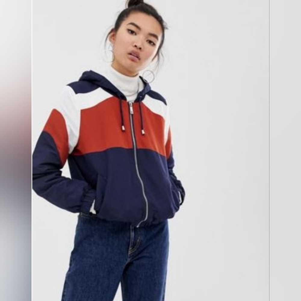 ASOS New Look Fleece Zip Up Lined Jacket in Navy/Rust